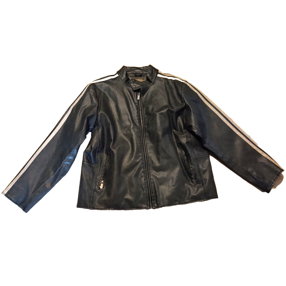 Men's VTG Arizona Jean Co Biker Motorcycle Jacket Black XL White Striped Sleeves